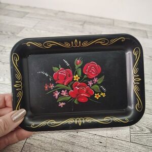 Vintage‎ Floral Tray – Black Gold Roses Vanity Decor Trinket Tray - 4.5"x6.5"